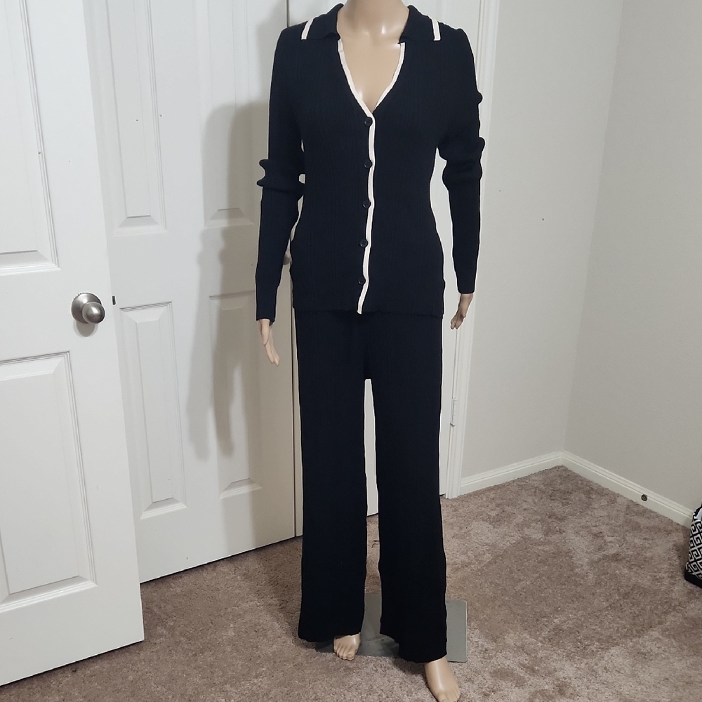 NWT Pink Rose L  Black WITH CREAM PIPING RIBBED pantset Pillowy Soft